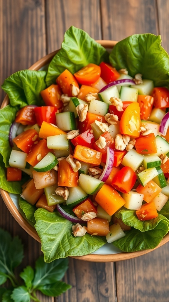 A colorful pumpkin leaf salad with tomatoes, cucumbers, and nuts on a wooden table.